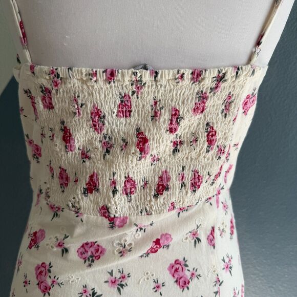 Zara Linen Floral Bustier Eyelet Smocked Midi Dress Size Large - Picture 10 of 12